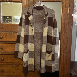 Love Tree Brown and Cream Checkered Cardigan